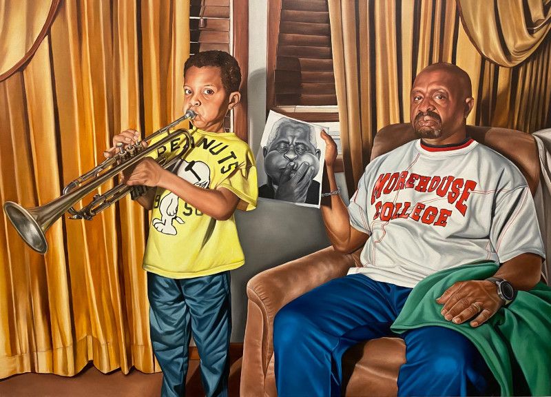 A painting of a man and a boy with a trumpet